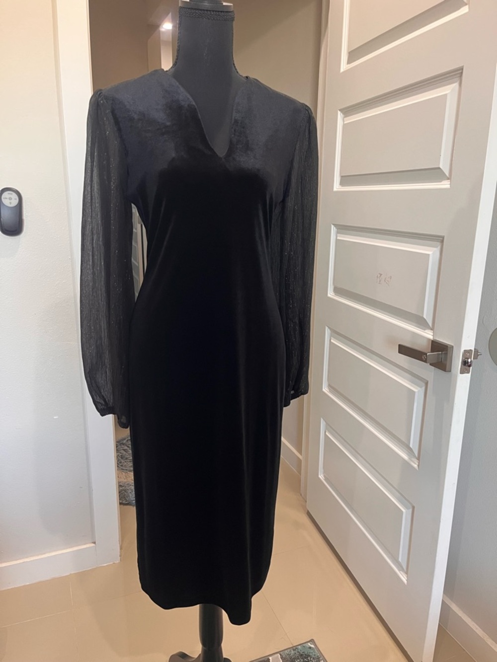 connected apparel Black Velvet Midi Dress with Sheer Long Sleeves